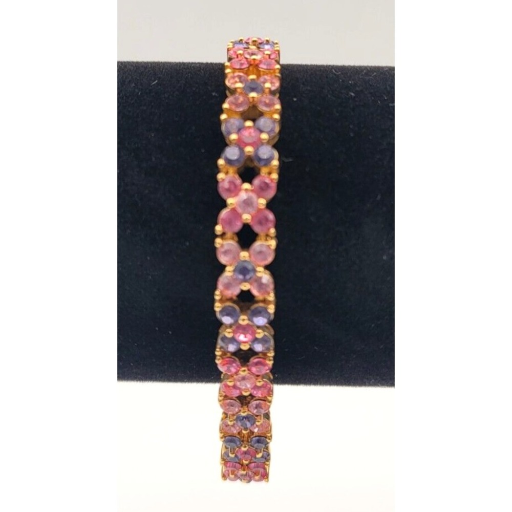 JOAN RIVERS PINK PURPLE RHINESTONE TENNIS BRACELET GOLD TONE SIGNED VINTAGE